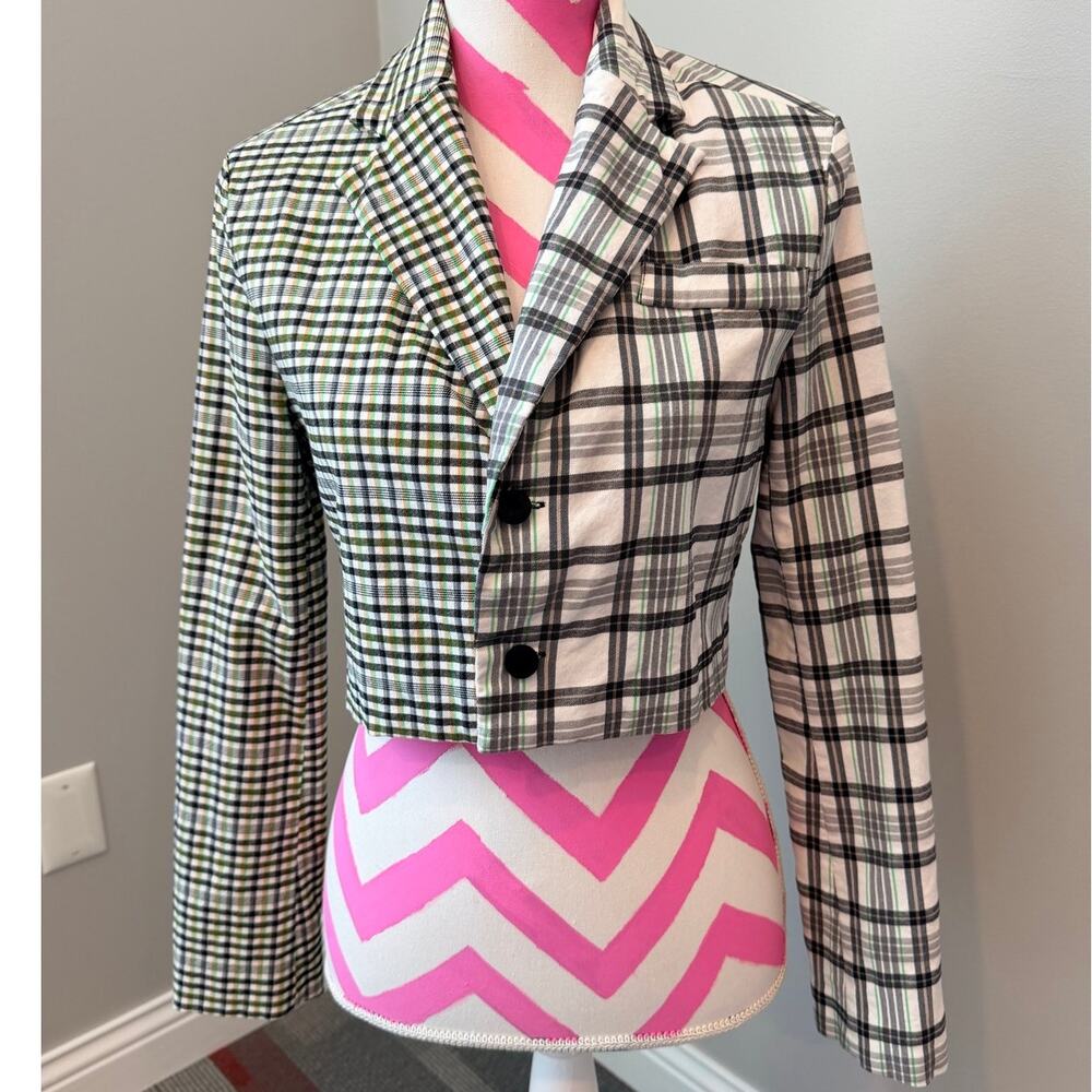 Y2K Forever 21 Colorblock Mixed Plaid Cropped Blazer Jacket Green White Size XS